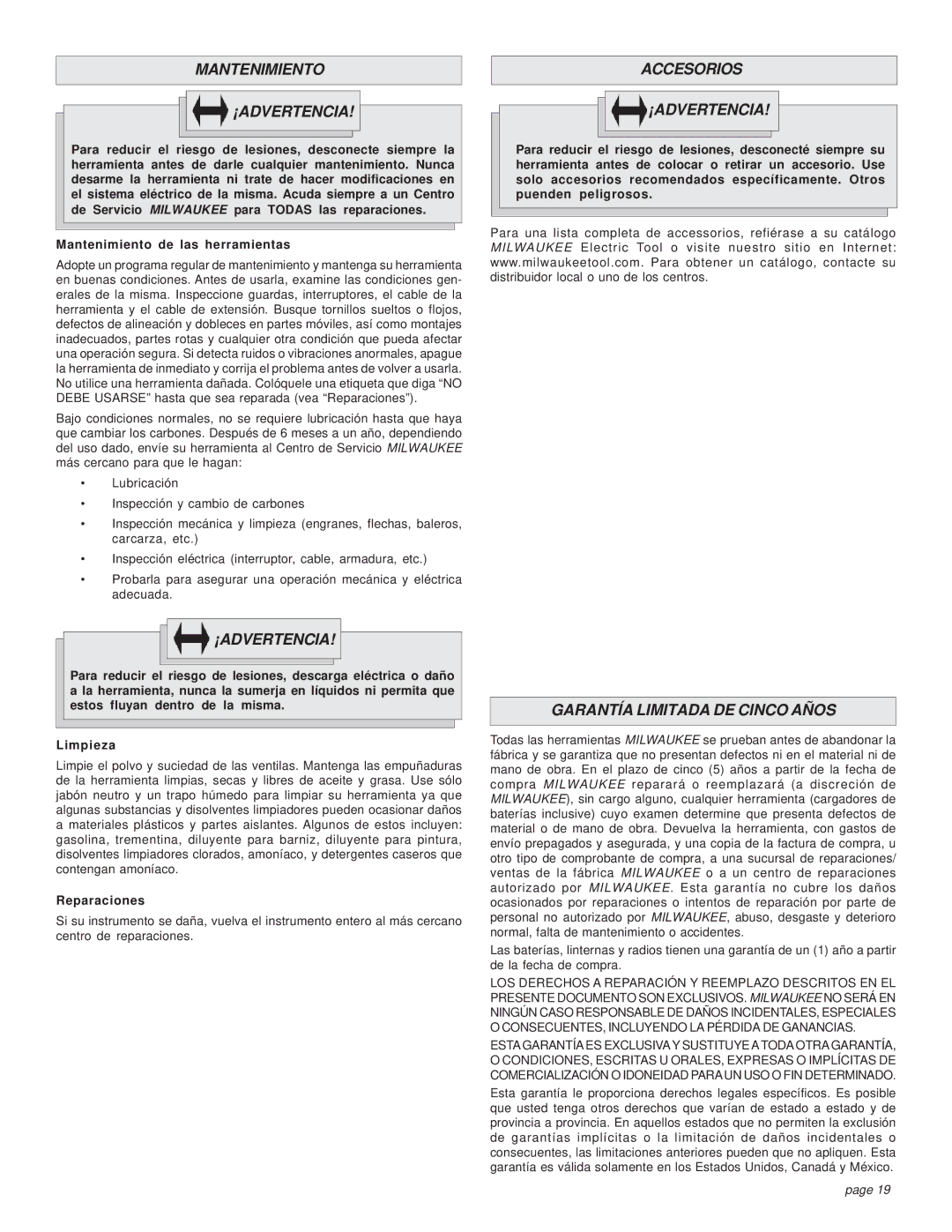 Milwaukee 1/1/1610 Mantenimiento ¡ADVERTENCIA, Accesorios ¡ADVERTENCIA, Garantía Limitada DE Cinco Años, Reparaciones 