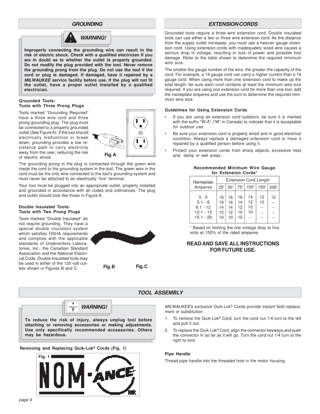 Milwaukee 6/1/1660, 1663-20, 1/1/1630, 1/1/1610 manual Grounding, Extensioncords, Tool Assembly 