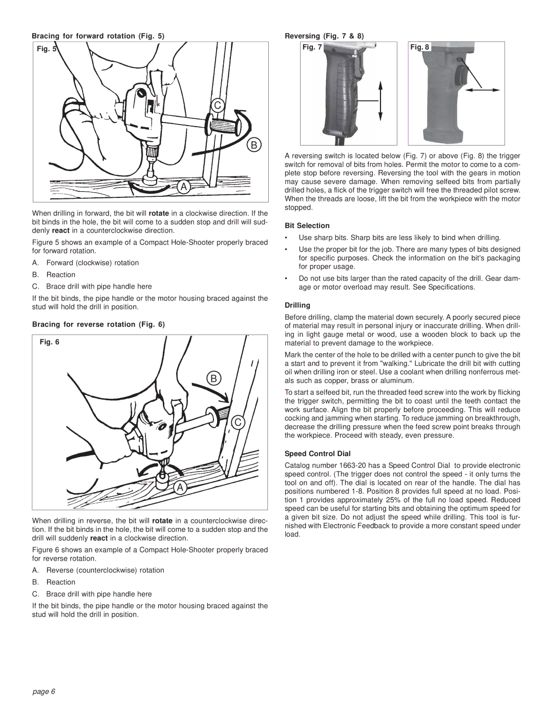 Milwaukee 1/1/1630 Bracing for forward rotation Fig, Bracing for reverse rotation Fig, Reversing, Bit Selection, Drilling 