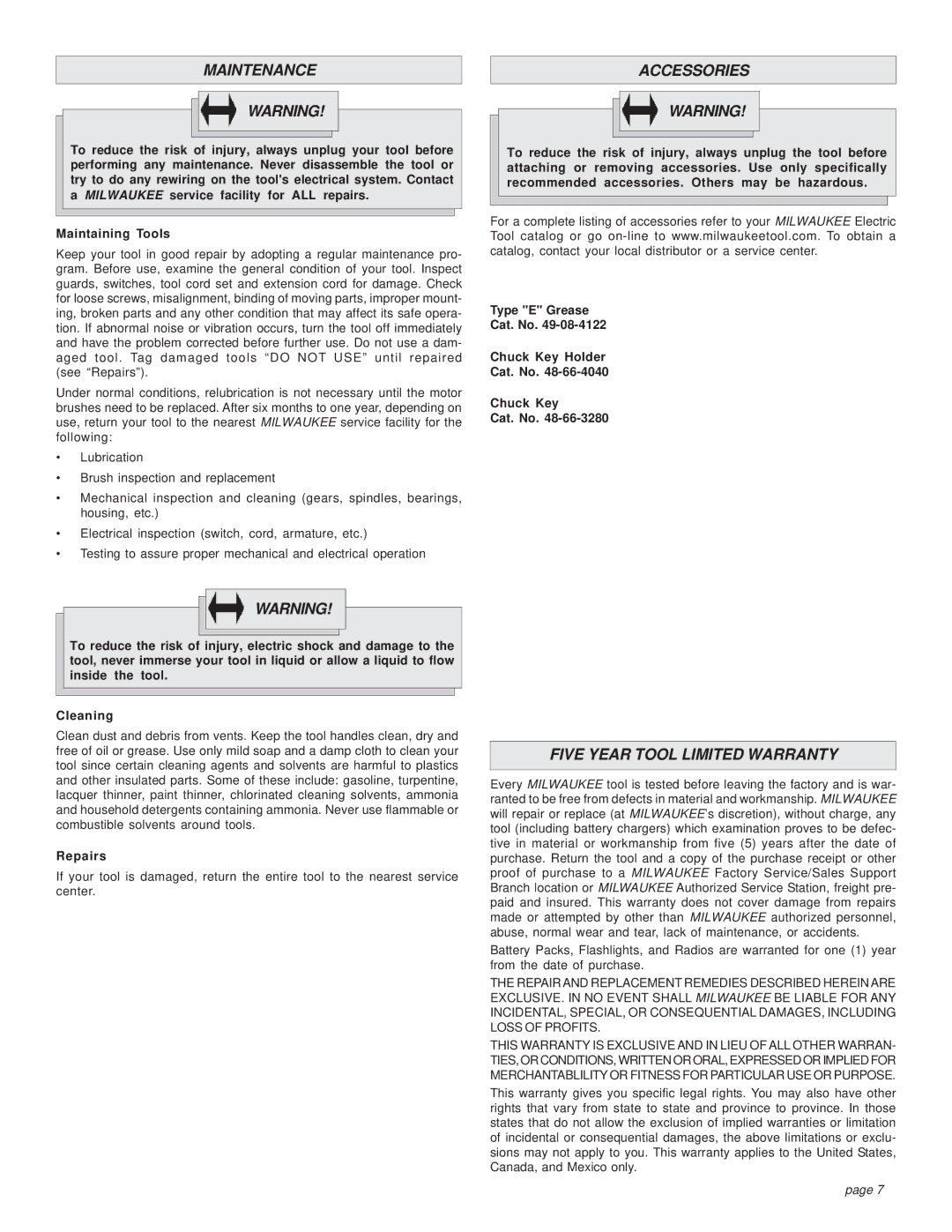 Milwaukee 1/1/1610, 6/1/1660, 1663-20, 1/1/1630 manual Maintenance, Accessories, Five Year Tool Limited Warranty, Repairs 