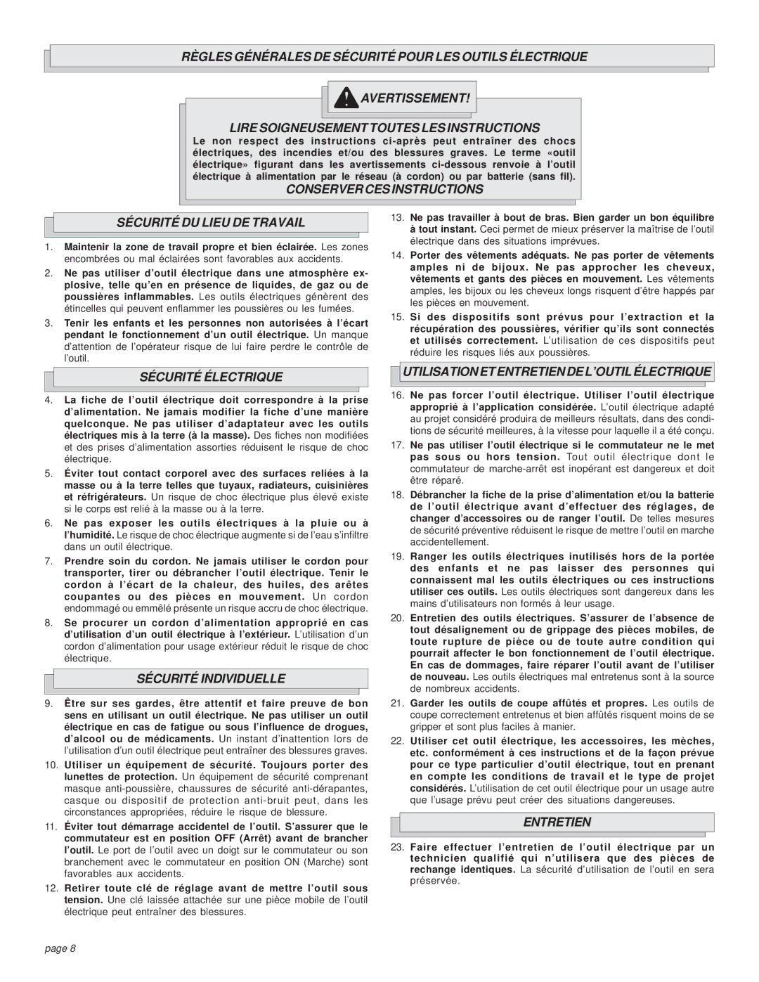 Milwaukee 6/1/1660 manual Conservercesinstructions Sécurité DU Lieu DE Travail, Sécurité Électrique, Sécurité Individuelle 