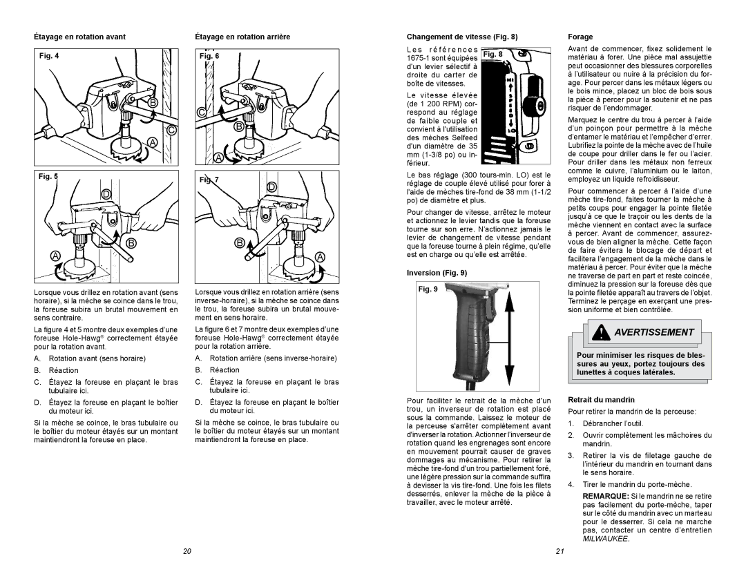 Milwaukee 1676-6, 6/1/1675, 1675-1, 1675-6 manual Inversion Fig Forage, Retrait du mandrin 