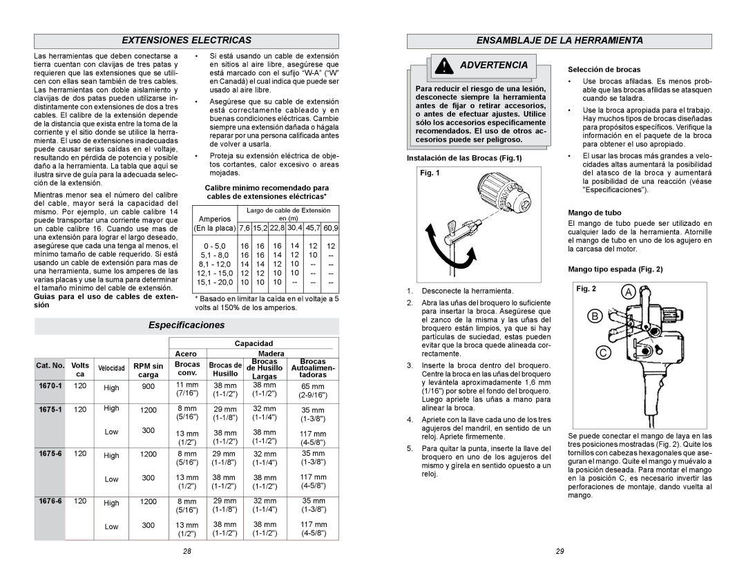 Milwaukee 1676-6, 6/1/1675, 1675-1, 1675-6 manual Extensiones Electricas Ensamblaje DE LA Herramienta, Especificaciones 