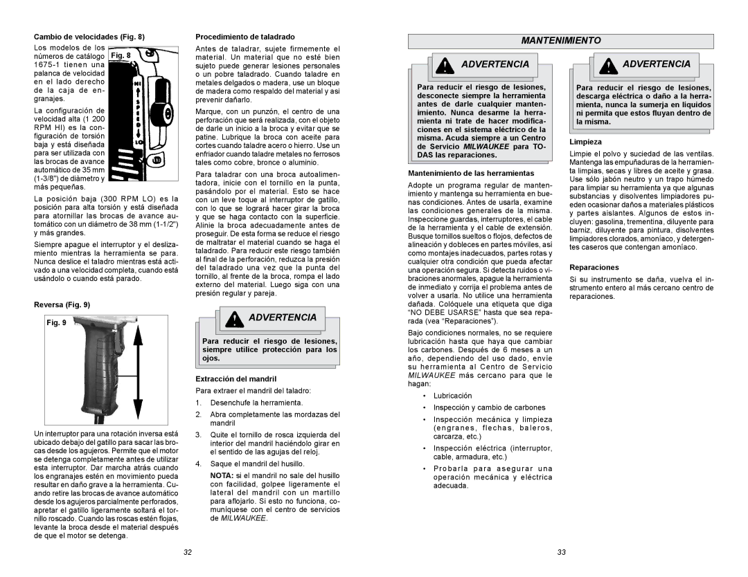 Milwaukee 1675-1, 6/1/1675 Mantenimiento, Cambio de velocidades Fig Procedimiento de taladrado, Reversa Fig, Reparaciones 