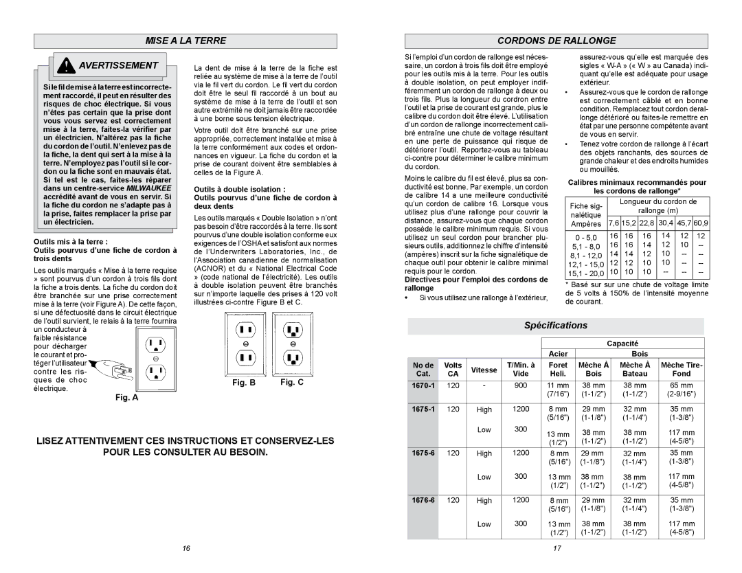 Milwaukee 1675-1, 6/1/1675, 1675-6, 1676-6 manual Mise a la terre, Cordons DE Rallonge, Avertissement, Spécifications 