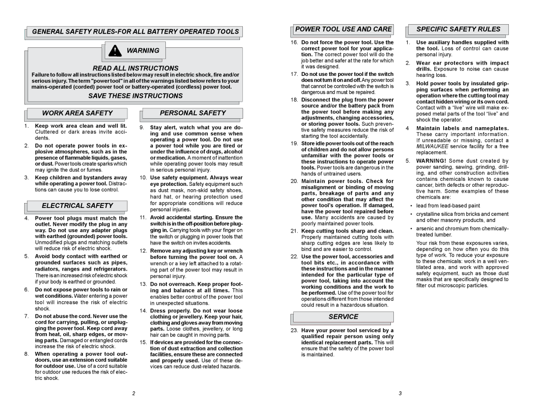 Milwaukee 6/1/1676 Power Tool USE and Care, Specific Safety Rules, Work Area Safety, Electrical Safety Personal Safety 