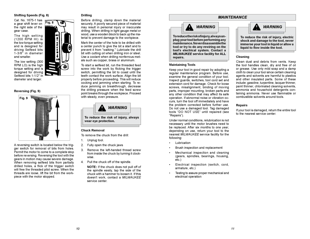 Milwaukee 6/1/1676 manual Maintenance 