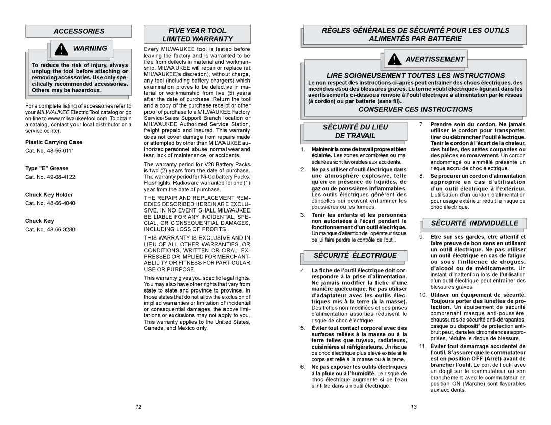 Milwaukee 6/1/1676 Accessories, Five Year Tool Limited Warranty, Conserver CES Instructions, Sécurité DU Lieu DE Travail 