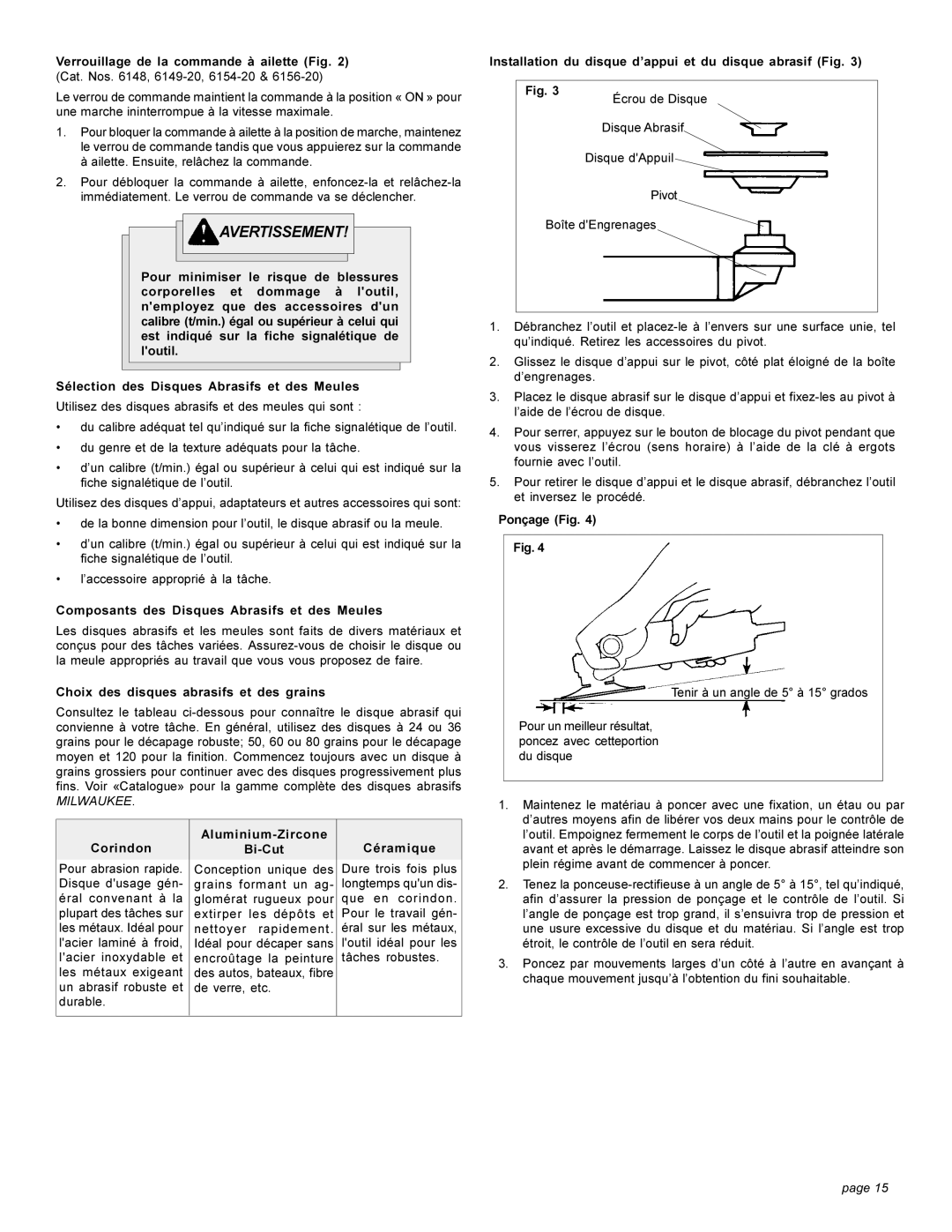 Milwaukee 6148 6149-20 6151 6152-20 6153-20 6155-20 6154-20 6156-20 manual Composants des Disques Abrasifs et des Meules 