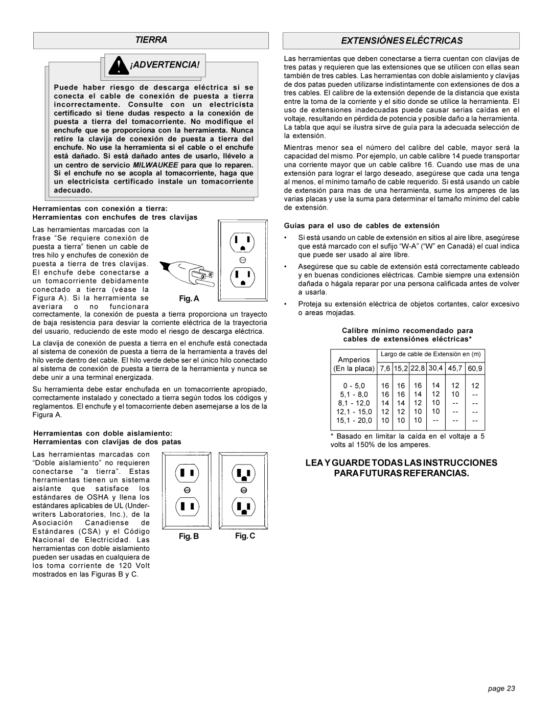 Milwaukee 6148 6149-20 6151 6152-20 6153-20 6155-20 6154-20 6156-20 manual Tierra ¡ADVERTENCIA, Extensiónes Eléctricas 