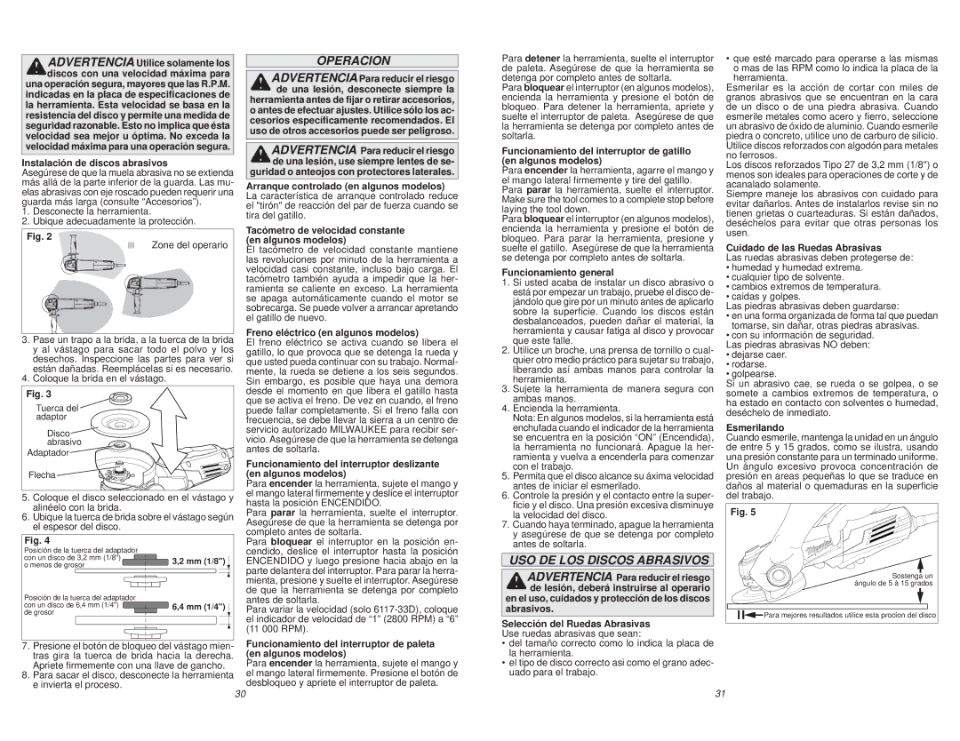 Milwaukee 6124-31, 6161-33, 6161-31, 6147-31, 6161-30, 6147-30, 6146-33, 6121-31A manual Operacion, USO DE LOS Discos Abrasivos 