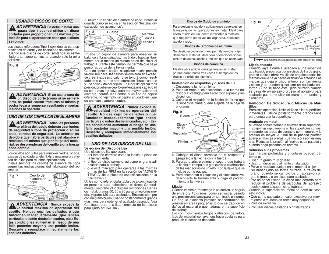 Milwaukee 6146-31, 6161-33, 6161-31 manual Usando Discos DE Corte, USO DE LOS Discos DE Lija, USO DE LOS Cepillos DE Alambre 