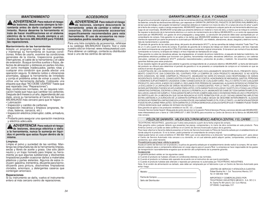 Milwaukee 6161-33 manual Accesorios, Garantía Limitada E.U.A. Y Canadá, Las reparaciones Mantenimiento de las herramientas 