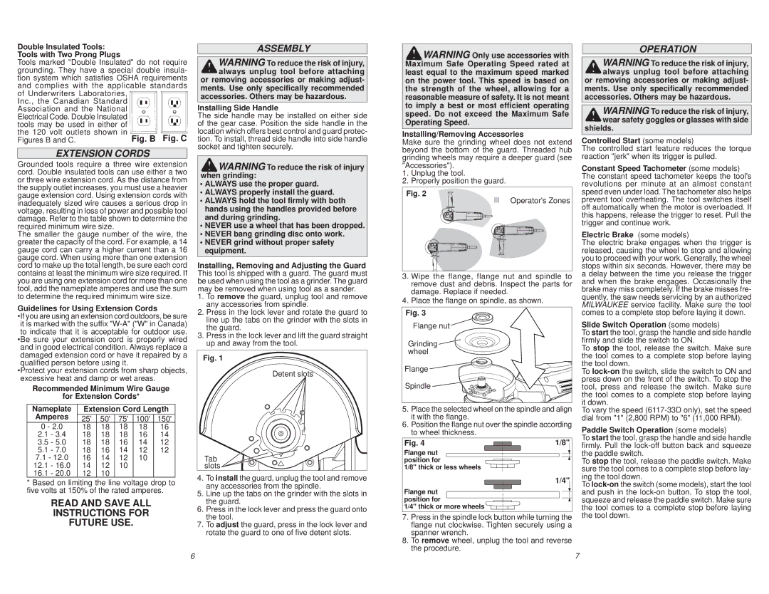 Milwaukee 6147-30, 6161-33, 6161-31, 6147-31, 6161-30, 6146-33, 6121-31A, 6124-30 manual Extension Cords, Assembly, Operation 