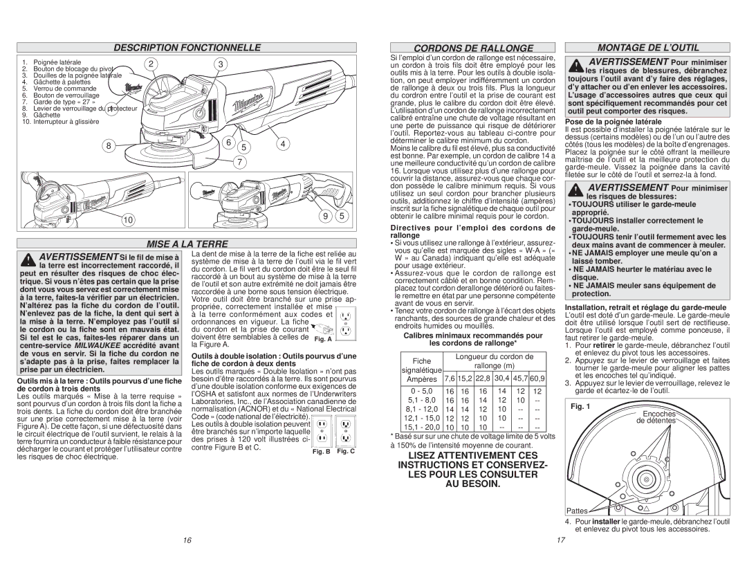 Milwaukee 6146-30, 6161-33, 6161-31 manual Description Fonctionnelle, Mise a LA Terre Cordons DE Rallonge, Montage DE L’OUTIL 