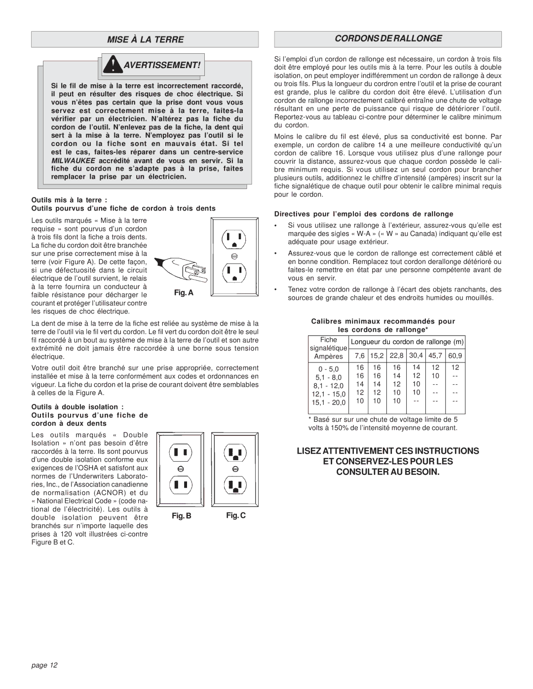 Milwaukee 6176-20 manual Mise À LA Terre Avertissement, Cordons DE Rallonge, Trois dents 