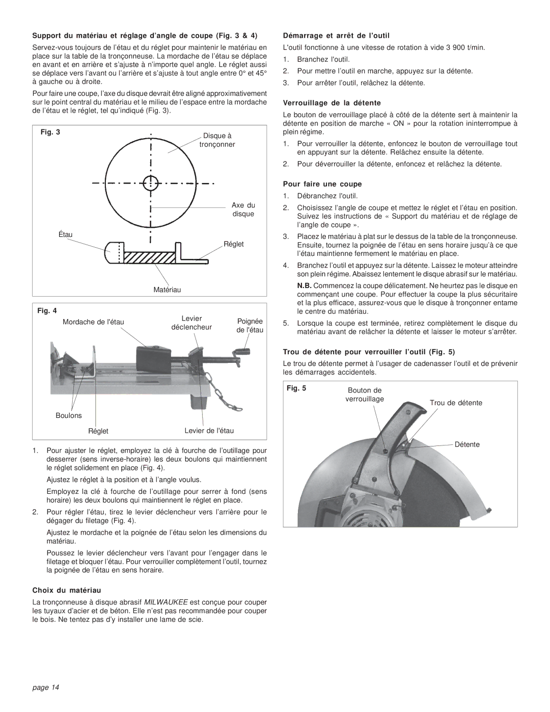 Milwaukee 6176-20 manual Support du matériau et réglage d’angle de coupe, Choix du matériau, Démarrage et arrêt de loutil 