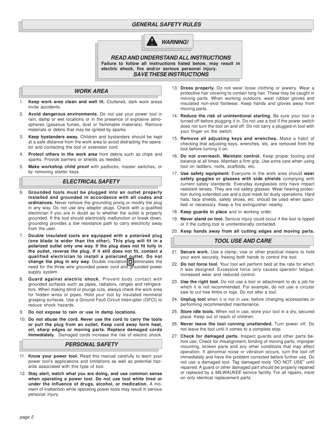 Milwaukee 6176-20 General Safety Rules Read and Understand ALL Instructions, Work Area, Electrical Safety, Personal Safety 