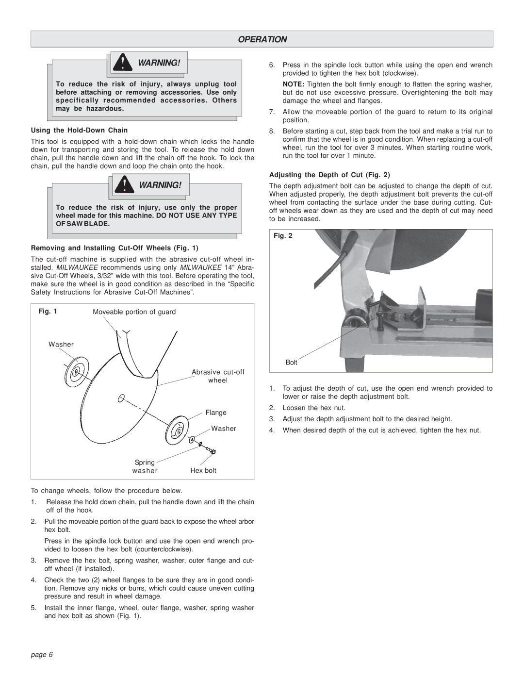 Milwaukee 6176-20 manual Operation, Using the Hold-Down Chain, Moveable portion of guard, Adjusting the Depth of Cut Fig 