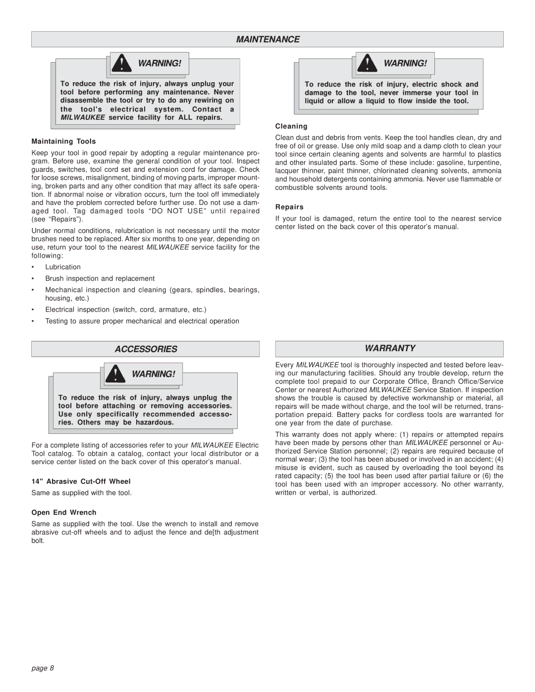 Milwaukee 6176-20 manual Maintenance, Accessories, Warranty 