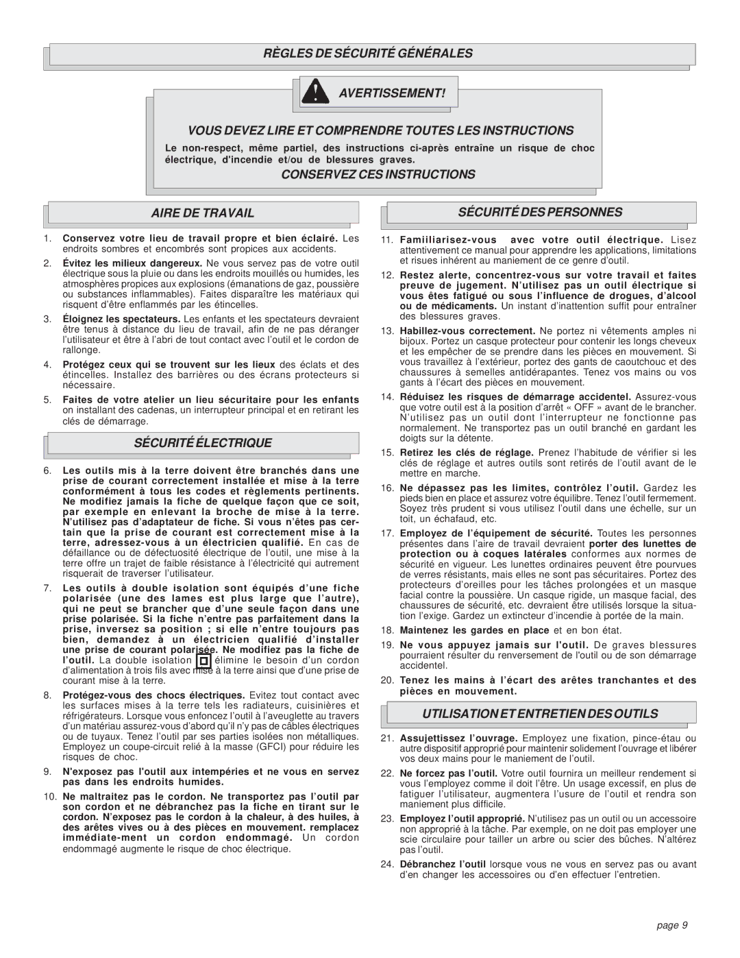 Milwaukee 6176-20 manual Sécurité Électrique, Utilisation ET Entretien DES Outils 