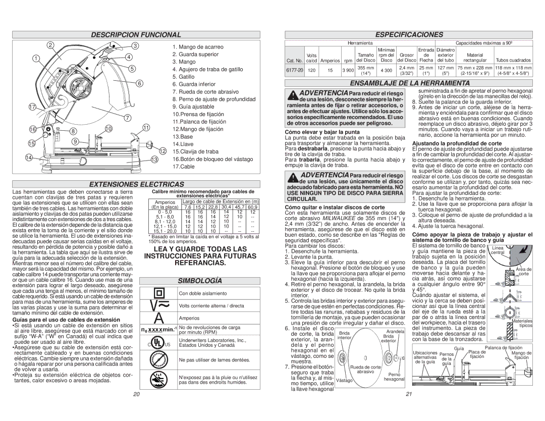 Milwaukee 6177-20 Descripcion Funcional Especificaciones, Ensamblaje DE LA Herramienta, Extensiones Electricas, Simbología 