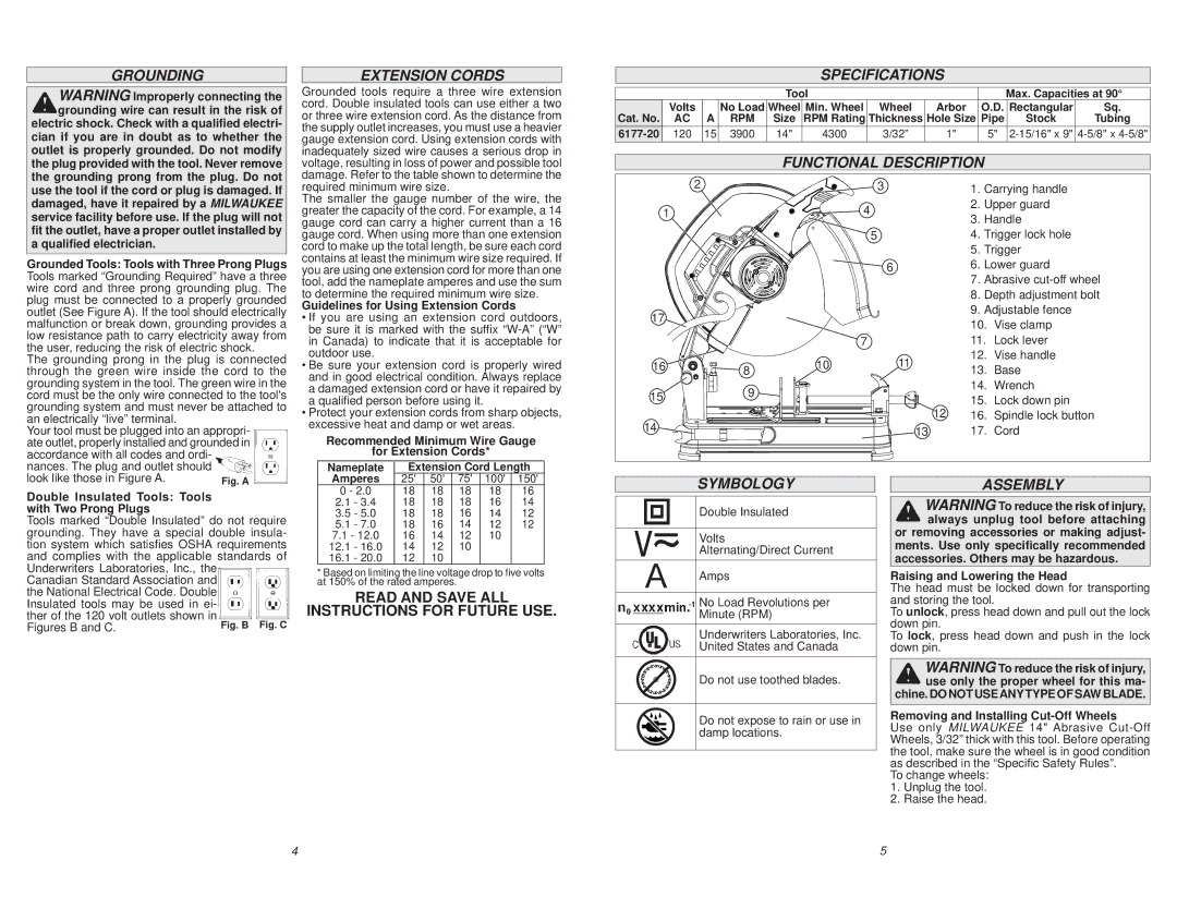 Milwaukee 6177-20 manual Grounding, Extension Cords, Specifications, Functional Description, Symbology, Assembly 