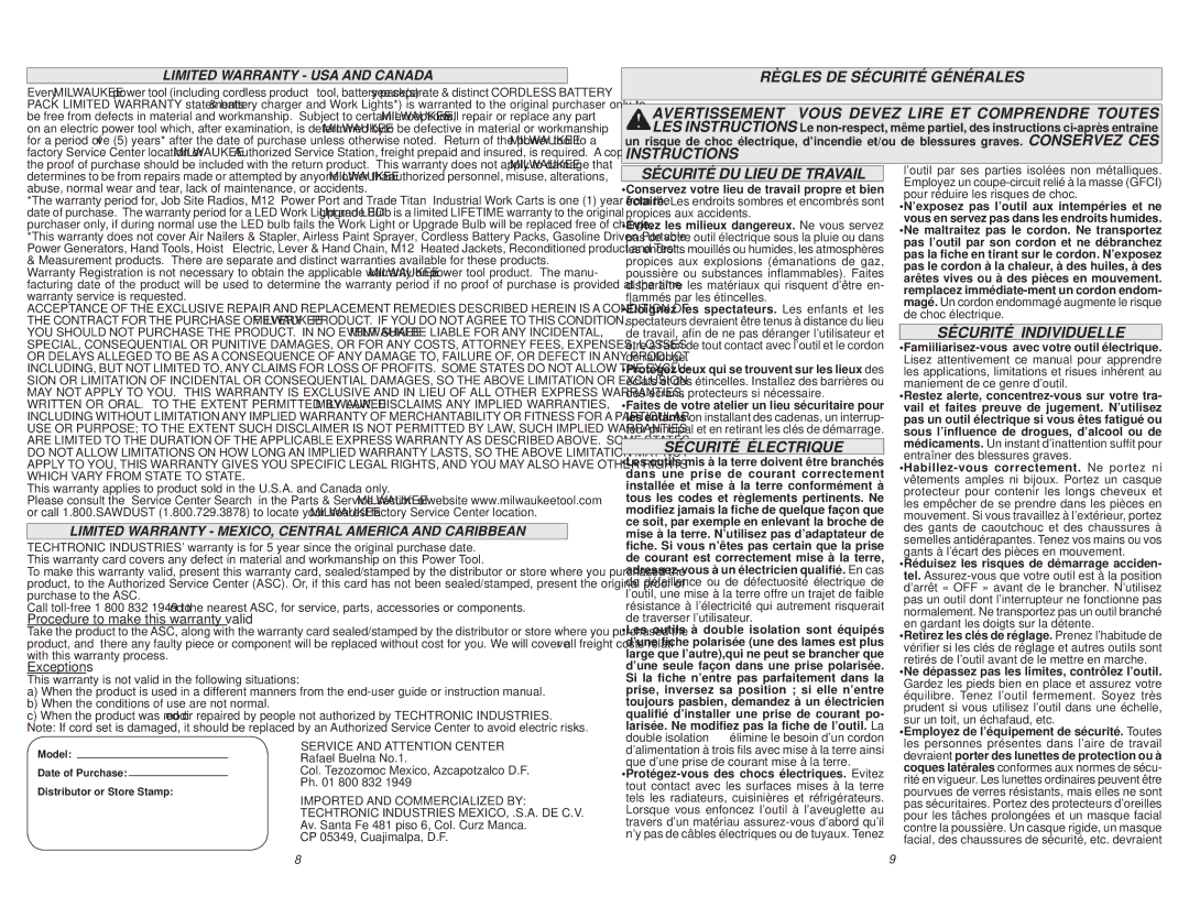 Milwaukee 6177-20 manual Instructions, Sécurité DU Lieu DE Travail, Sécurité Individuelle, Sécurité Électrique 