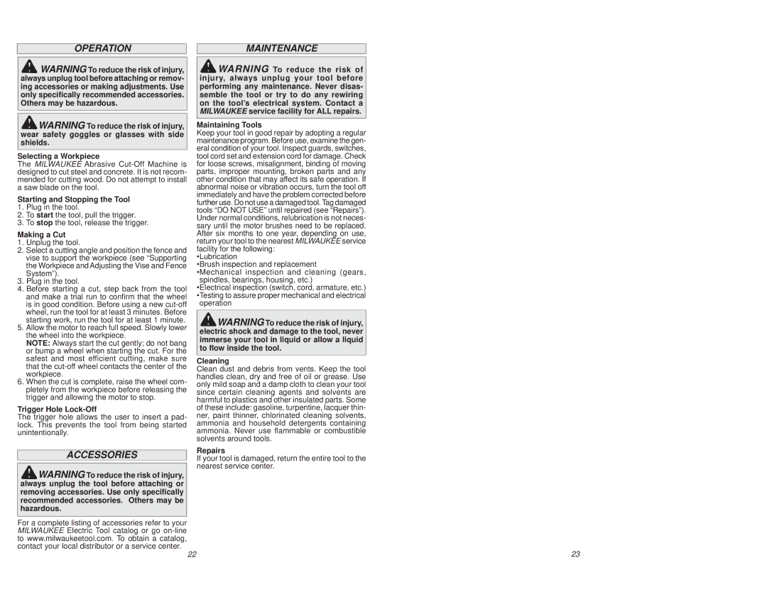 Milwaukee 6177-59D, 6177-59A, 6177-59B manual Operation, Accessories Maintenance 