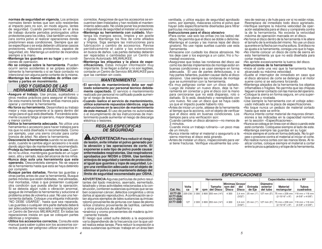 Milwaukee 6177-59D manual USO Y Cuidado DE LAS Herramientas Eléctricas, Mantenimiento, Reglas Especificas DE Seguridad 