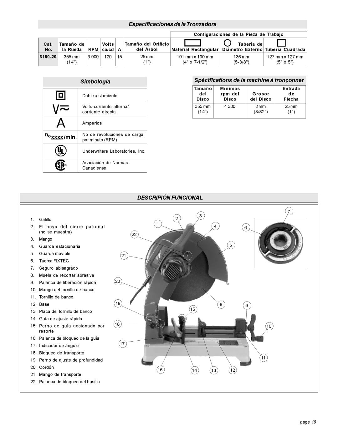 Milwaukee 6180-20 manual Especificaciones de la Tronzadora, Descripión Funcional 