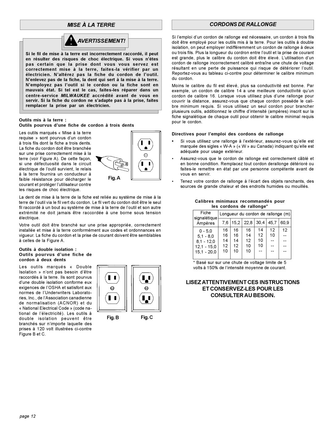 Milwaukee 6190-20 Mise À LA Terre Avertissement, Cordons DE Rallonge, Directives pour l’emploi des cordons de rallonge 