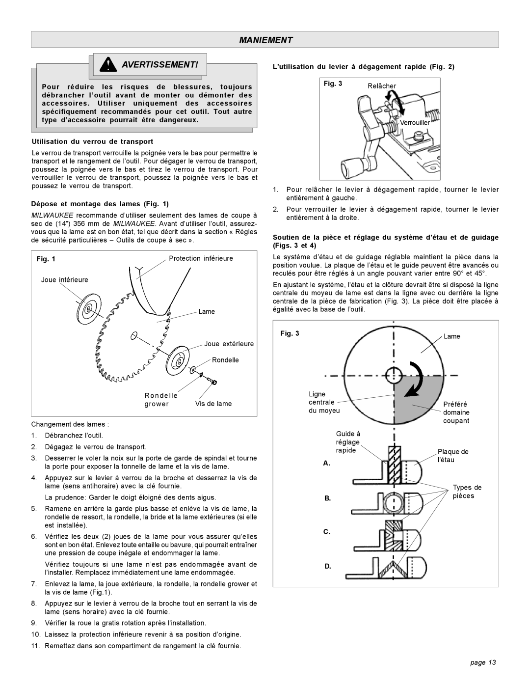 Milwaukee 6190-20 manual Maniement Avertissement, Dépose et montage des lames Fig 