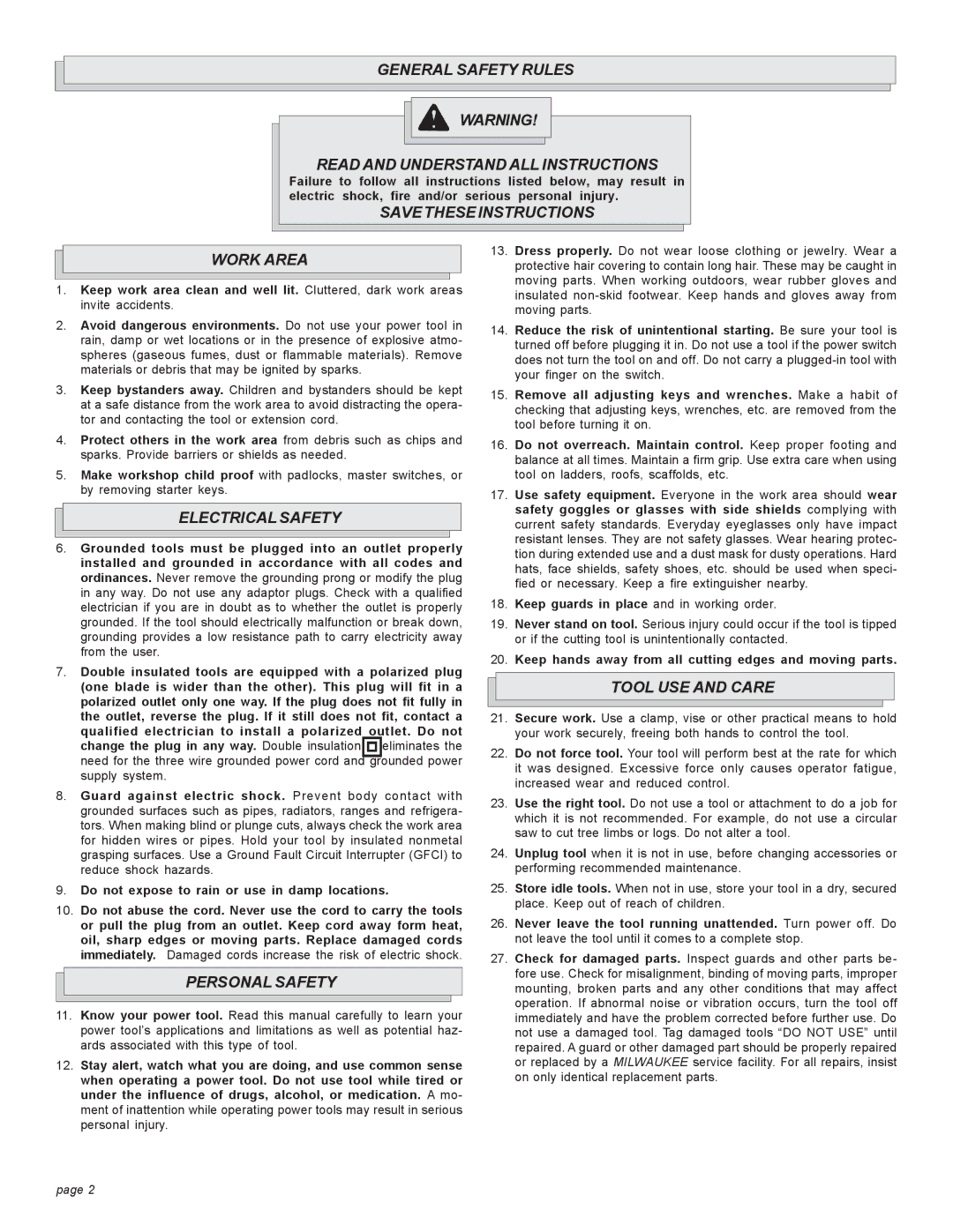 Milwaukee 6190-20 General Safety Rules Read and Understand ALL Instructions, Work Area, Electrical Safety, Personal Safety 