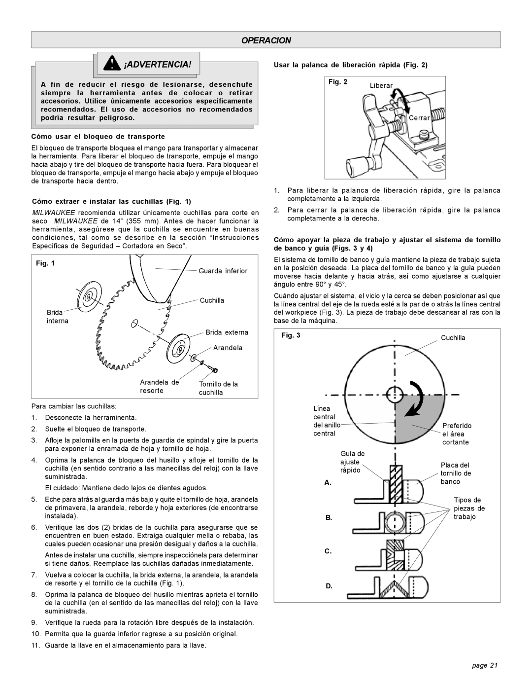 Milwaukee 6190-20 manual Operacion ¡ADVERTENCIA, Cómo extraer e instalar las cuchillas Fig, Cuchilla 