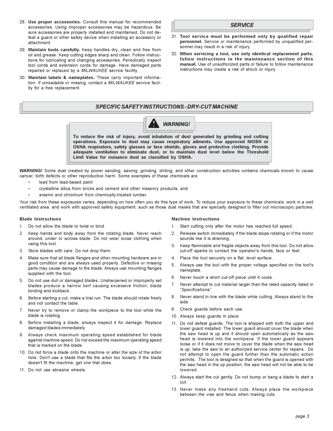 Milwaukee 6190-20 manual Service, Specific Safety Instructions DRY-CUT Machine, Blade Instructions, Machine Instructions 