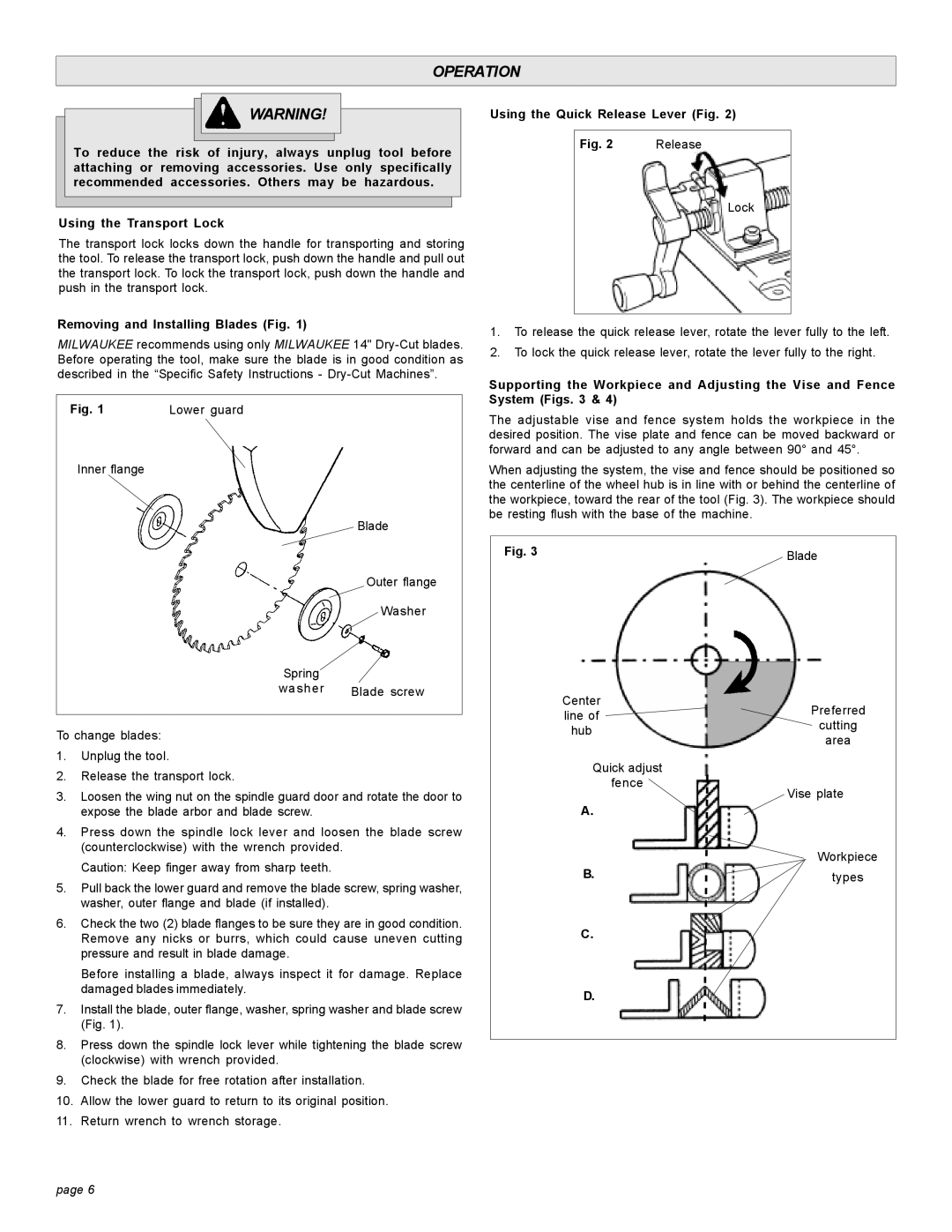 Milwaukee 6190-20 manual Operation, Removing and Installing Blades Fig, Lower guard, Using the Quick Release Lever Fig 