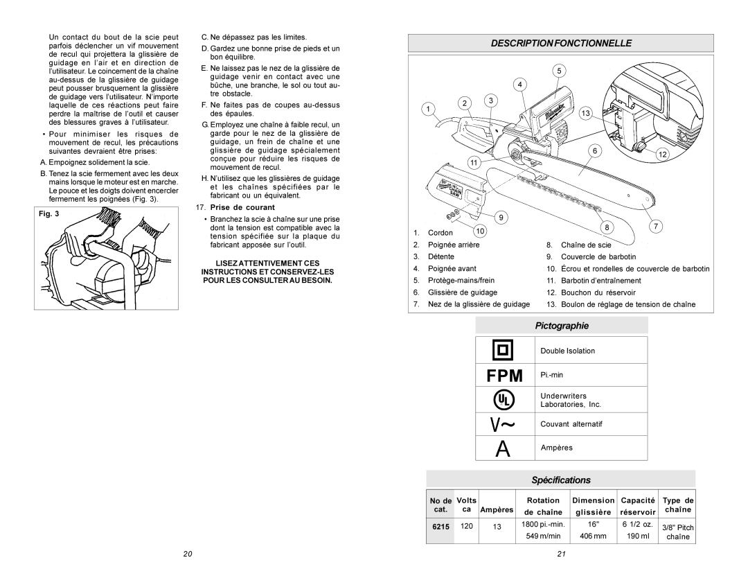 Milwaukee 6215 Descriptionfonctionnelle, Prise de courant, No de Volts Rotation Dimension Capacité Type de Cat, Chaîne 