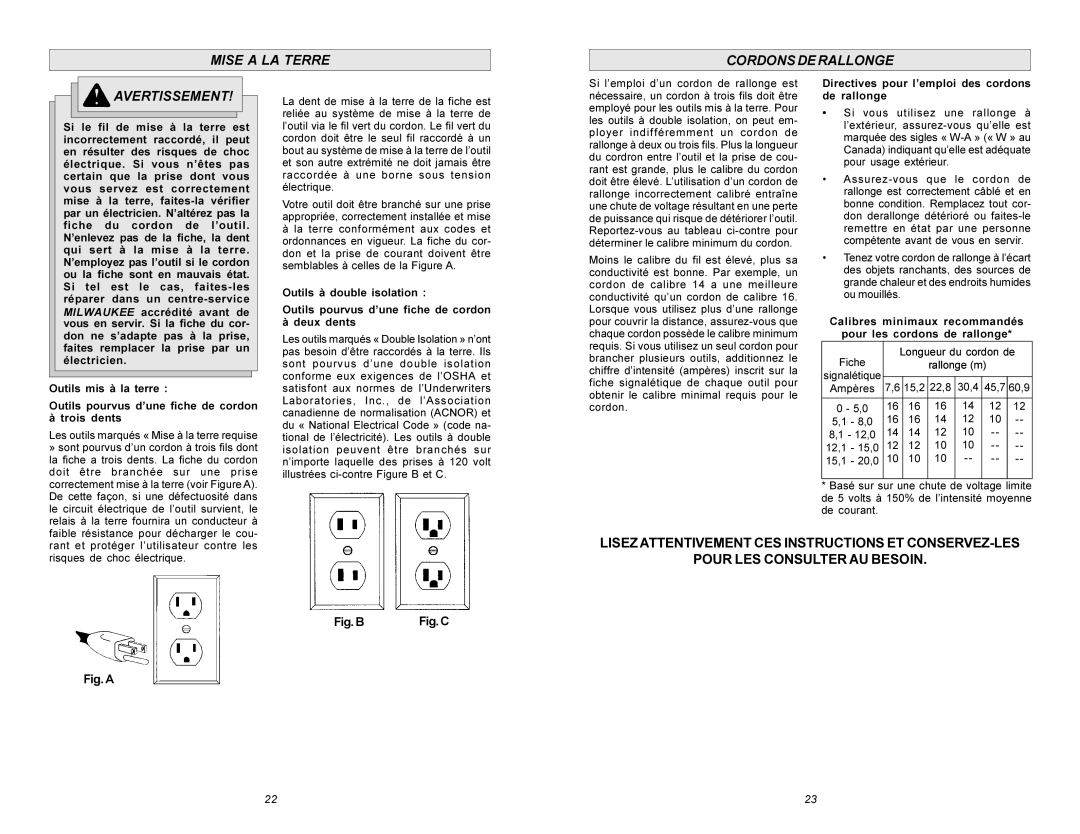 Milwaukee 6215 manual Mise a LA Terre Cordonsderallonge Avertissement, Directives pour l’emploi des cordons de rallonge 