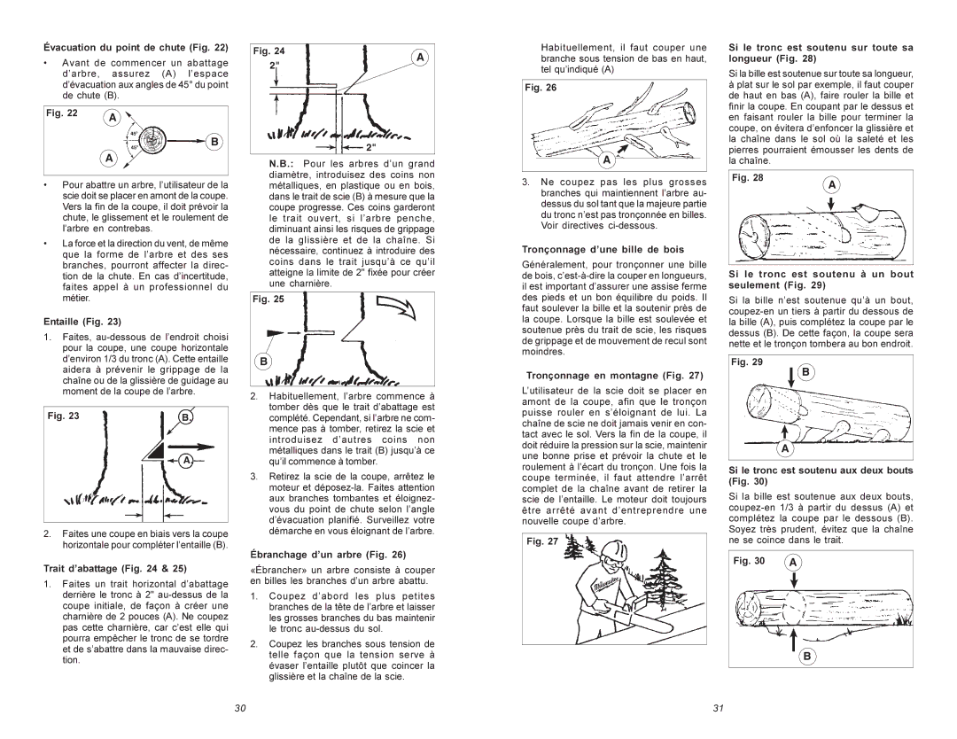 Milwaukee 6215 manual Évacuation du point de chute Fig, Si le tronc est soutenu sur toute sa longueur Fig, Entaille Fig 