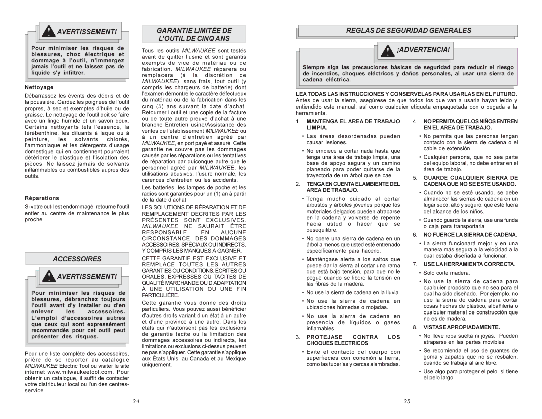 Milwaukee 6215 manual Garantie Limitée DE ’OUTIL DE Cinq ANS, Reglas DE Seguridad Generales ¡ADVERTENCIA, Réparations 