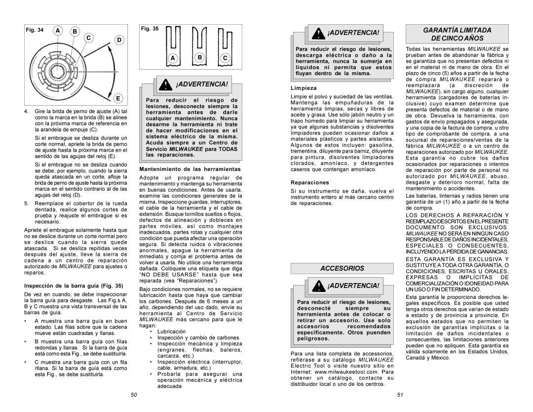 Milwaukee 6215 Accesorios ¡ADVERTENCIA, Garantía Limitada DE Cinco Años, Inspección de la barra guía Fig, Reparaciones 