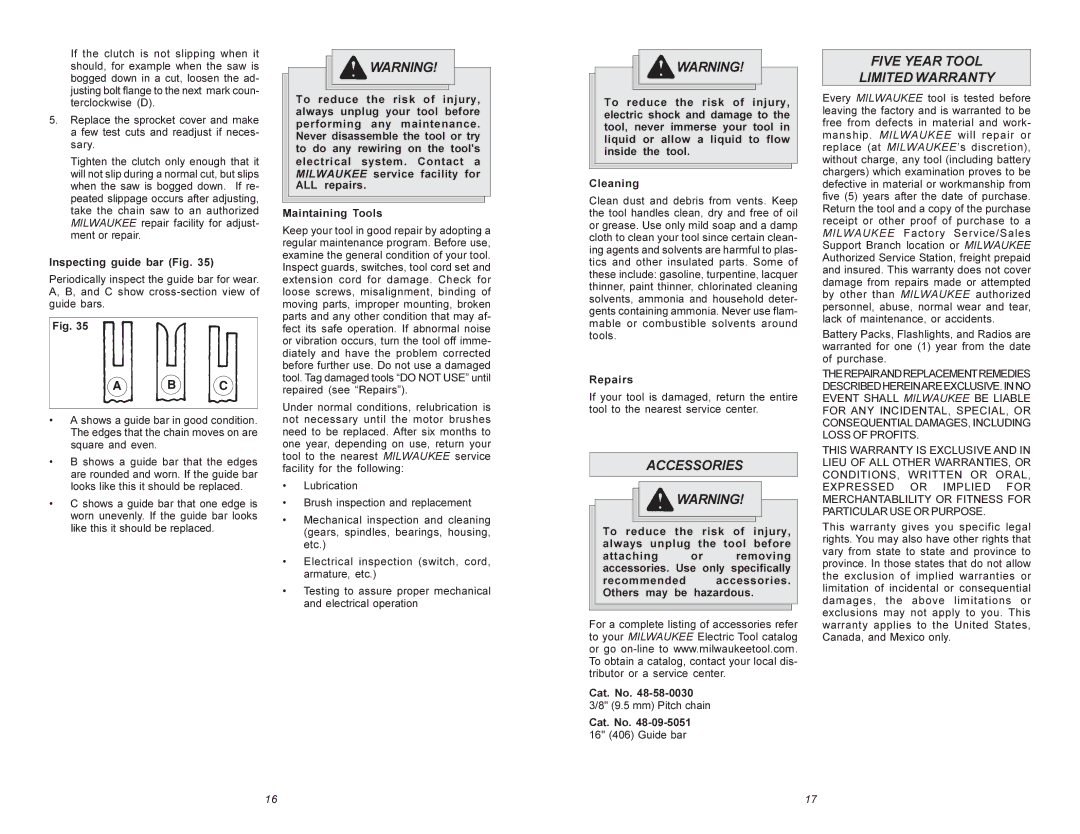 Milwaukee 6215 manual Accessories, Five Year Tool Limited Warranty, Inspecting guide bar Fig, Repairs 