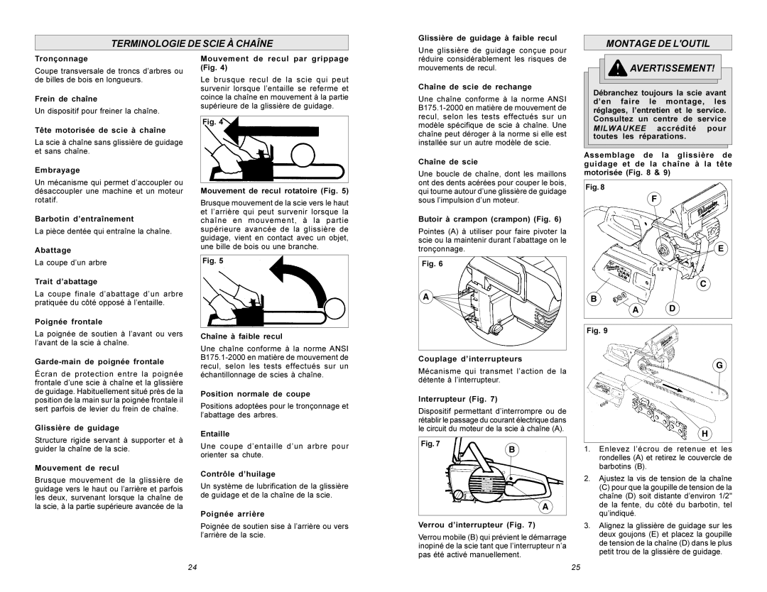 Milwaukee 6215 manual Terminologie De Scie À Chaîne, Montage De Loutil, F E C B A D, Avertissement 