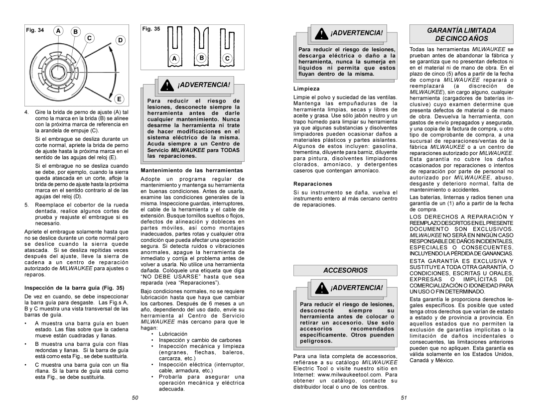 Milwaukee 6215 manual Accesorios ¡Advertencia, Garantía Limitada De Cinco Años, Cd E, A B C 