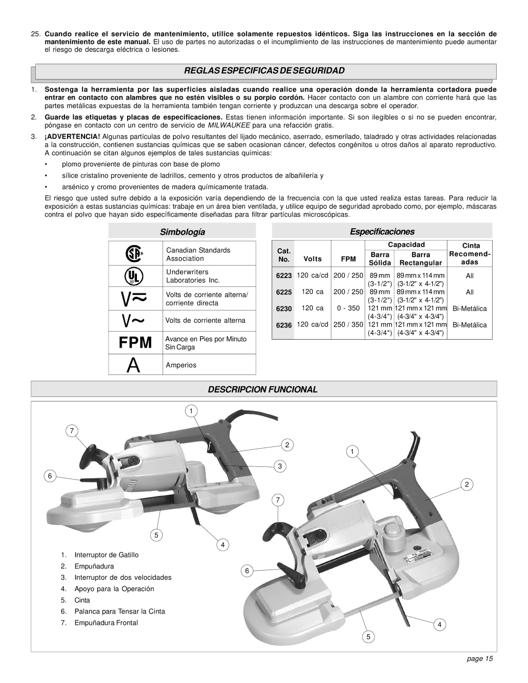 Milwaukee 6223 manual Reglas Especificas DE Seguridad, Descripcion Funcional, Cat Capacidad Cinta, Barra Recomend 