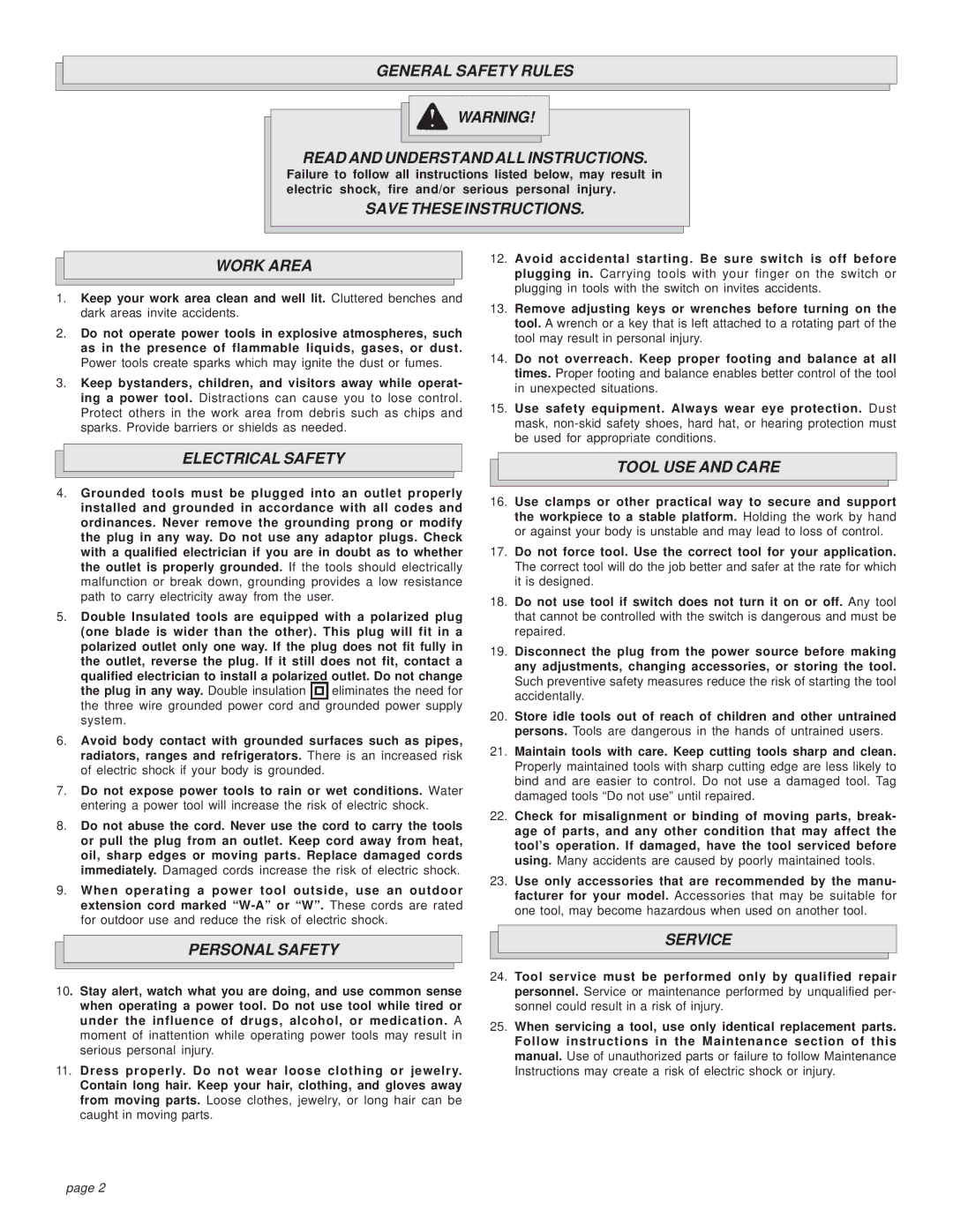 Milwaukee 6223 General Safety Rules Read and Understand ALL Instructions, Work Area, Electrical Safety Tool USE and Care 