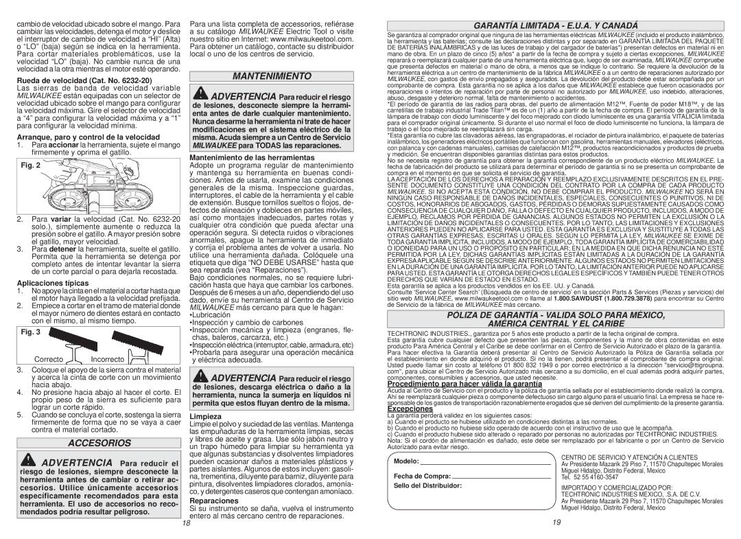 Milwaukee 6232-20, 6238-20 manual Accesorios, Garantía Limitada E.U.A. Y Canadá 