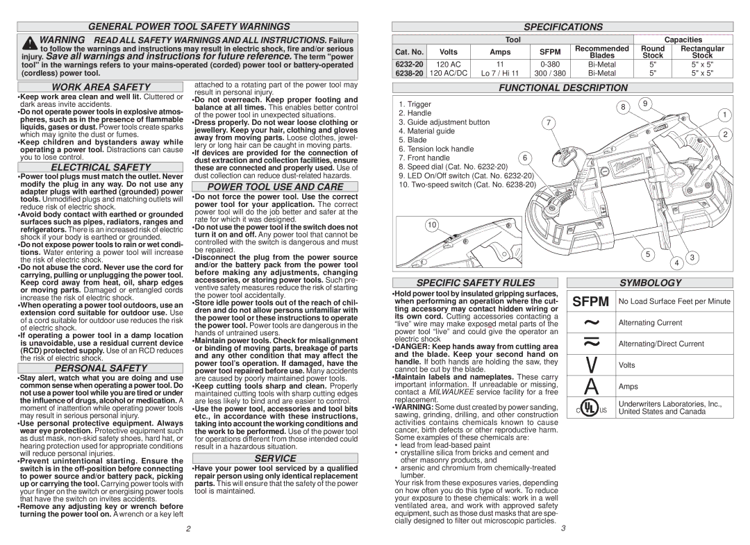 Milwaukee 6232-20 General Power Tool Safety Warnings, Specifications, Work Area Safety, Electrical Safety, Personal Safety 