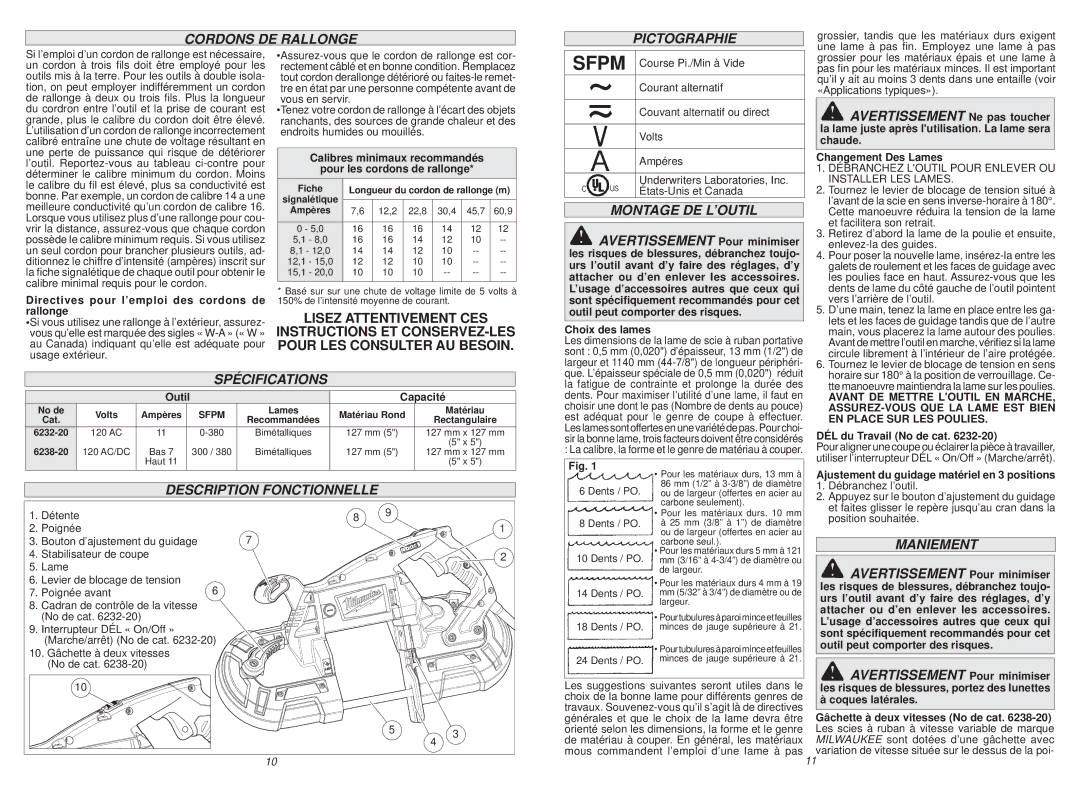 Milwaukee 6232-20, 6238-20 manual Spécifications, Pictographie, Montage DE L’OUTIL, Maniement 